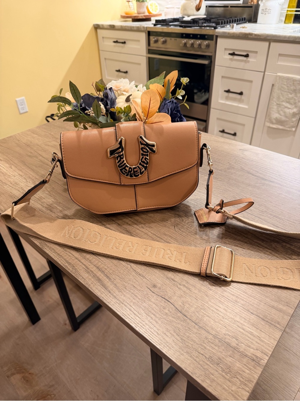 Tan True Religion Crossbody Shoulder Bag with Emblem
